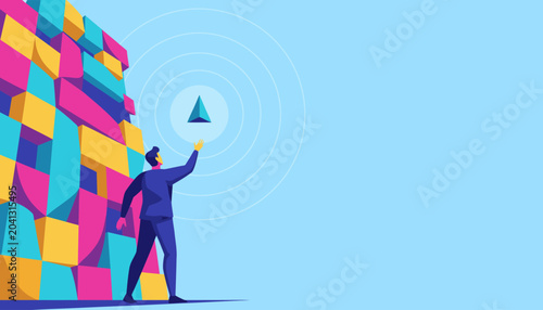 Businessman reaching for a geometric shape above a colorful, abstract wall, symbolizing ambition and innovation