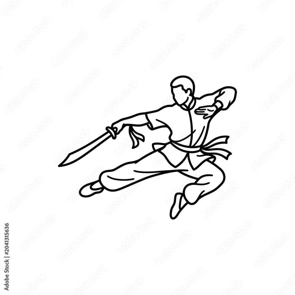 Fototapeta premium Kung fu warrior jumping in mid-air with a sword.