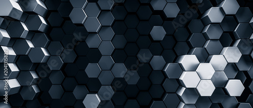 Smooth silver honeycomb background of patterned hexagons. Array of 3d rendered hex shapes creating a visual of a sleek, silver, metallic, pattern for futuristic, scientific, or technical backgrounds.