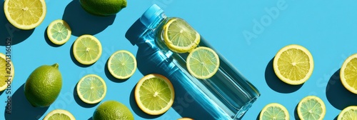 Electrolyte water sits among fresh citrus slices on a blue surface, suggesting hydration and healthy living after workouts or sports