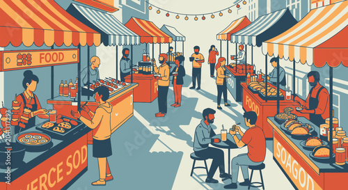 Photos Vibrant street market illustration showcasing food stalls and people interacting