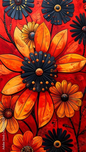 Vibrant Orange and Black Floral Pattern.