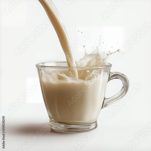 Milk Splash Pouring Into Glass Cup Isolated On White Background