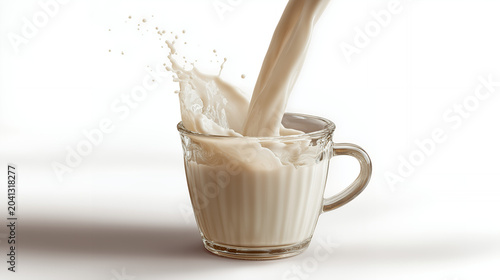 Milk Splash Pouring Into Glass Cup Isolated On White Background