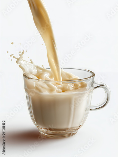 Milk Splash Pouring Into Glass Cup Isolated On White Background
