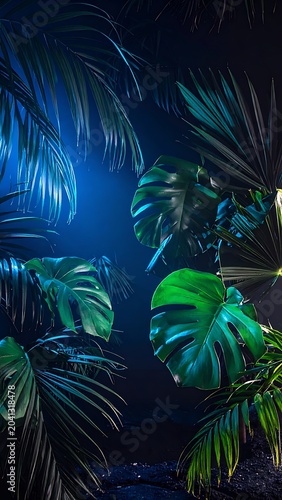 Tropical leaves in blue neon light.