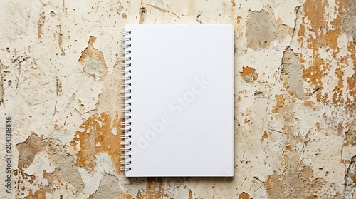Blank white spiral notebook mockup for education and study plans set on a distressed rustic textured wall surface