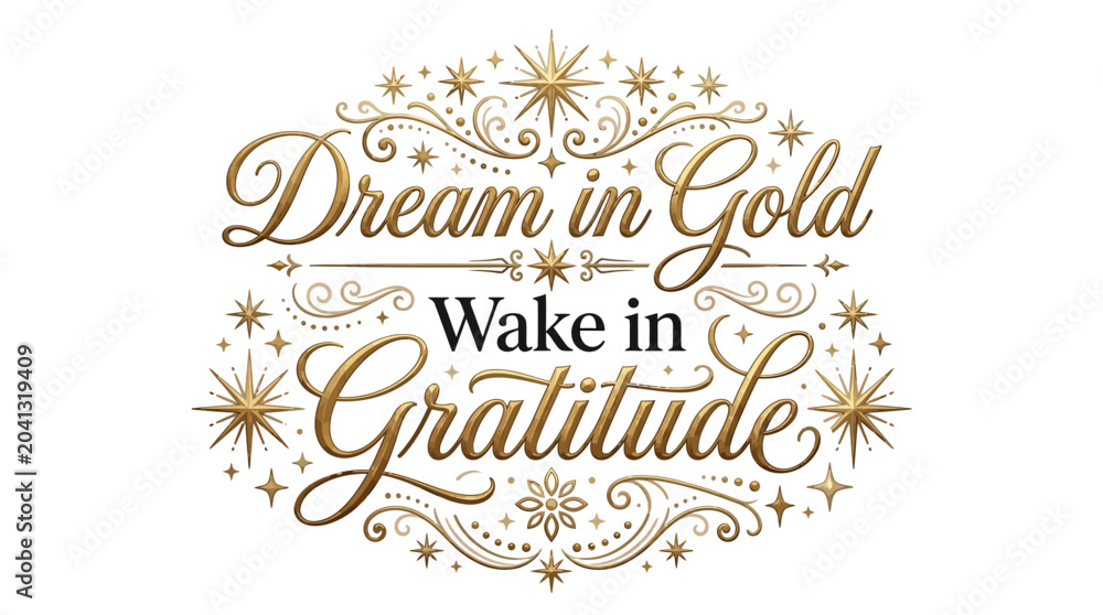Fototapeta premium Inspirational Quote Dream in Gold Wake in Gratitude with Elegant Gold Typography.