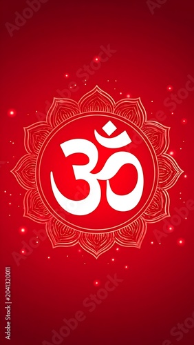 Om symbol on red background with mandala.