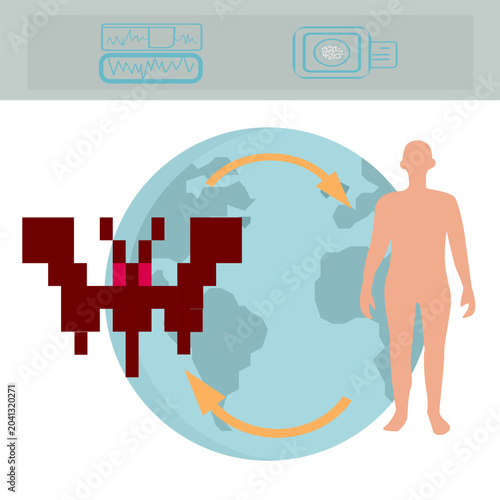 Vector illustration of global virus transmission from bats to humans with world map and animal carrier. Concept of zoonotic disease outbreak, pandemic origin, wildlife pathogen, and health risk.