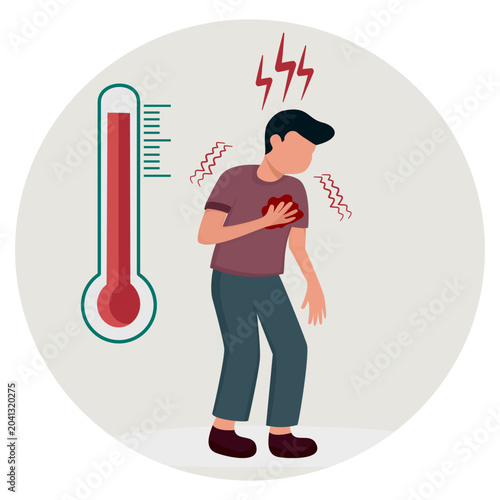 Vector illustration of a sick male patient suffering from chest pain and high fever with a thermometer. Concept of virus infection symptom, heart attack, medical emergency, and disease.