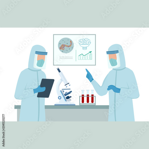 Vector illustration of scientists in PPE suits researching virus pathogens in a laboratory with a microscope. Concept of clinical trial, vaccine development, biotechnology, and pandemic.
