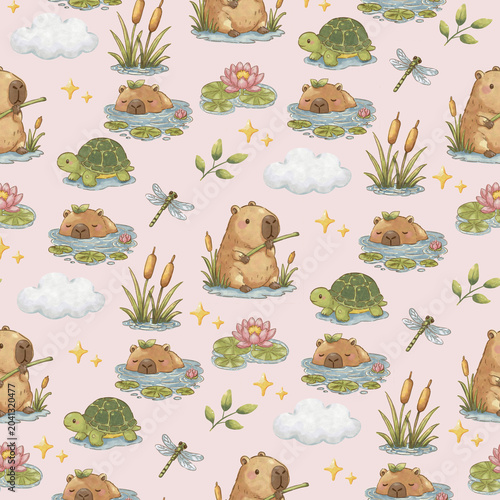 Kawaii Watercolor Capybara Wetland Clipart Bundle,  Seamless Patterns, Cute Capybara PNG, Scrapbook, Journal Kit