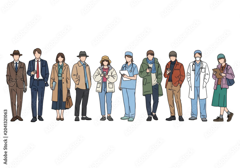 Obraz premium A diverse group of people standing in a row, including professionals and casual individuals isolated on transparent background