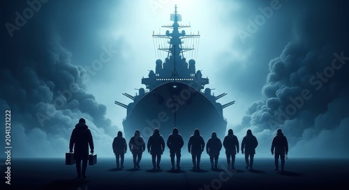 A group of people stand before a massive warship under a stormy sky