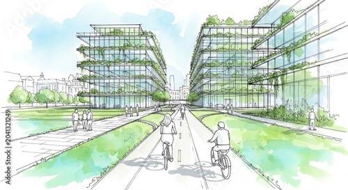People cycling and walking along a pathway between two modern green buildings