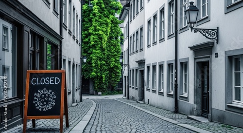 A closed sign stands on a cobblestone street between old buildings and trees.