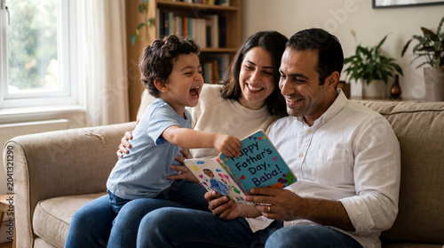 Father's Day learning with Middle Eastern family dad mom son giving book on sofa for greeting card social media poster holiday celebration advertising