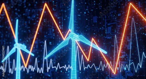 Electric wind turbines generate power shown in glowing blue lines and orange graphs on a dark blue digital background with code.