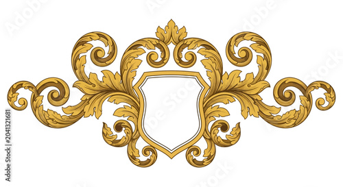 Fotografi Ornate Golden Heraldic Emblem with Blank Shield Frame, Vintage Scrollwork Design
