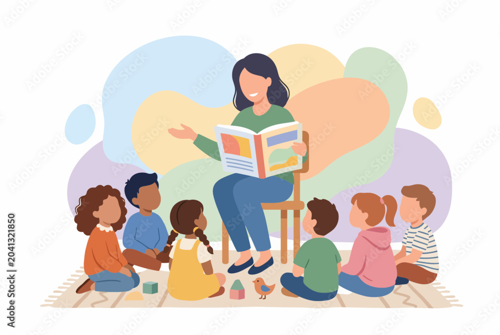 Fototapeta premium Teacher reading a book to diverse preschool children in classroom