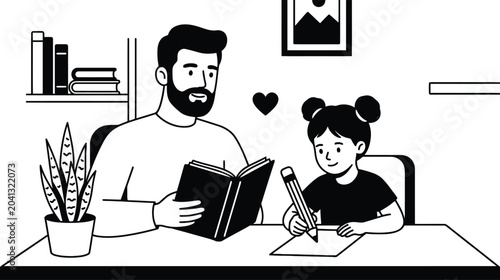 Father and Daughter Studying Together at Desk Line Art Illustration for Education and Parenting