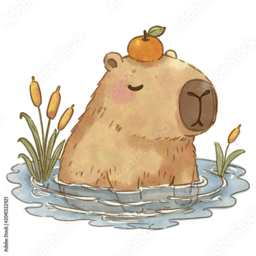 Cute Capybara Wetland Seamless Watercolor Pattern Background