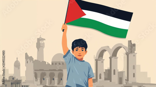 Tableau sur toile a young child raising a Palestinian flag over the ruined buildings