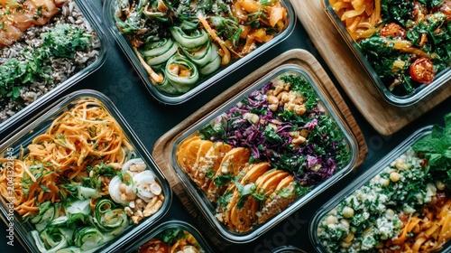 Prepared lunches are arranged in glass containers, showcasing healthy foods in a bright setting with a focus on convenience and meal planning