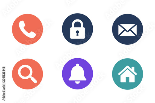 Vector icon collection including phone, lock, email, search, bell, and home symbols for web, mobile, UI, UX, communication, and security design projects.