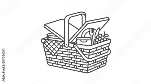 Photos Detailed line art open picnic basket with food items