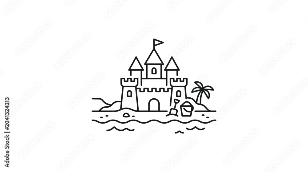 Fototapeta premium Simple line drawing of a sandcastle with palm tree