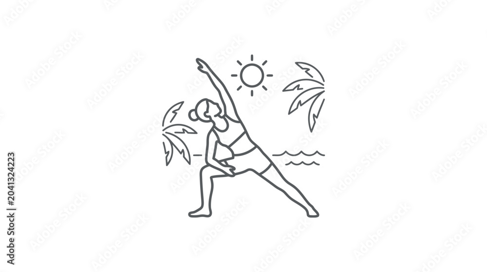 Obraz premium Line art of woman practicing yoga on tropical beach.