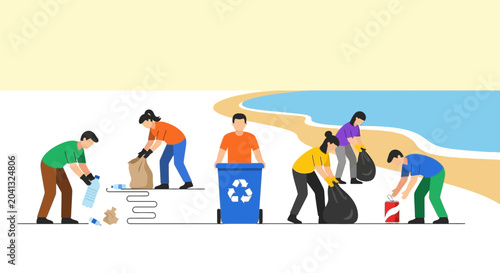 Bild auf Leinwand Beach cleanup: people collecting trash and recycling on sandy shore near ocean