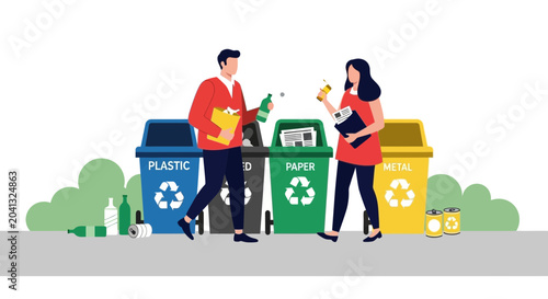 Fotografie People recycling plastic, paper, and metal waste into colored bins