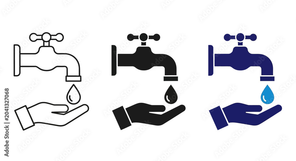 Fototapeta premium Water Conservation Icons, Save Water Symbols, Hand Holding Faucet Vectors, Water Droplet Illustrations