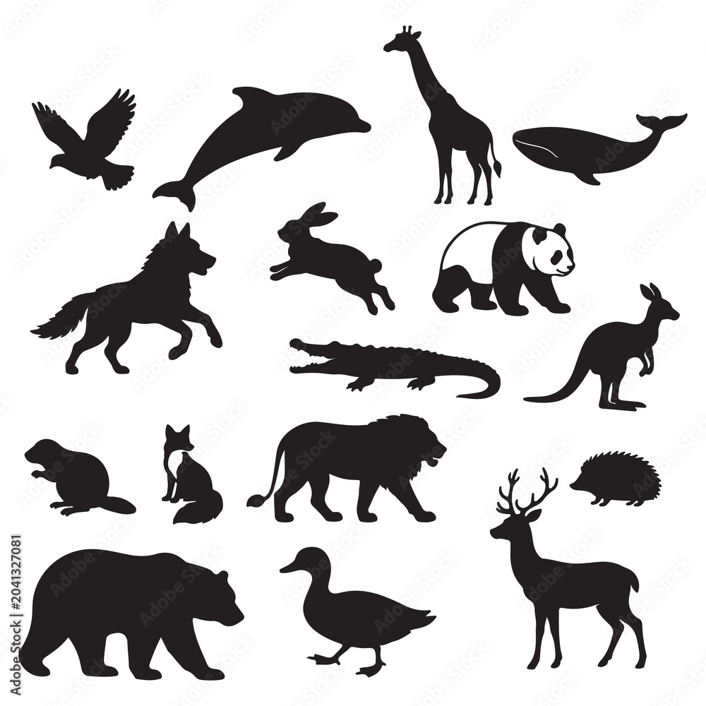 Obraz premium Wildlife Animal Silhouette Collection Set Isolated on White Background Vector Illustration