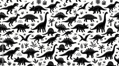 Canvas Print Seamless Pattern of Black Dinosaur Silhouettes and Tropical Plants on White Back