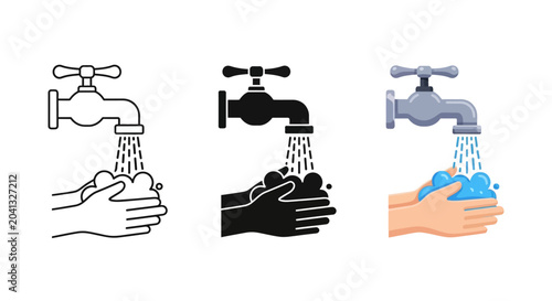 Tableau sur toile Handwashing icons, wash hands under faucet, hygiene symbols, water taps