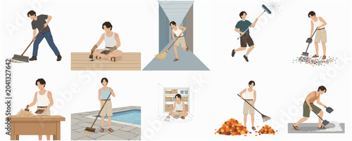 Φωτογραφία Set of illustrations of a man performing various domestic cleaning and maintenan