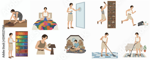 Billede på lærred Collection of flat vector illustrations depicting a young man performing various household chores such as cleaning, organizing, dusting, and vacuuming to maintain a tidy home