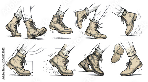 Photography Walking Boots Sequence: Footwear Steps, Movement and Action Illustration