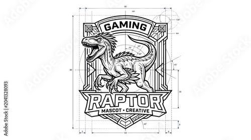 Gaming Raptor Mascot Logo Blueprint Outline