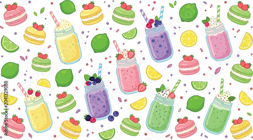 Hand Drawn Vector Pattern of Colorful Smoothie Jars Macarons Lime and Summer Dessert Drinks