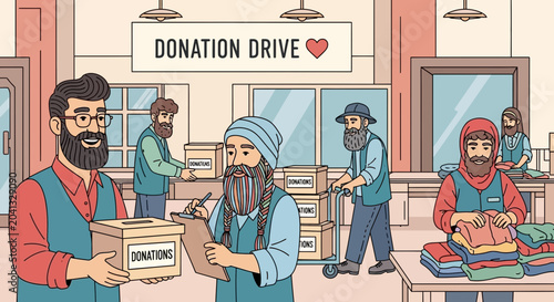 Tableau sur toile Charity Donation Drive: Volunteers Sorting Clothes and Boxes for Needy People