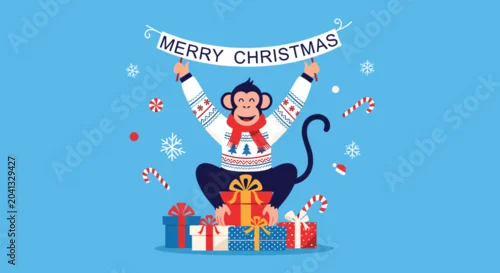 Obraz Jolly monkey wearing a festive Christmas sweater and scarf holds a holiday banner while sitting atop a pile of colorful gift boxes.