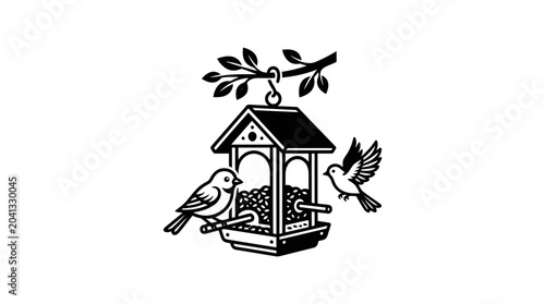 Birds on a Hanging Feeder House.