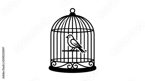 Bird Sitting Inside Metal Cage.