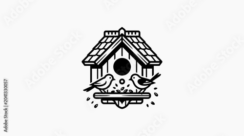 Birds on a bird house perch.