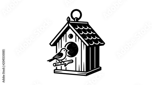 Bird Sitting on Birdhouse Perch Outside.